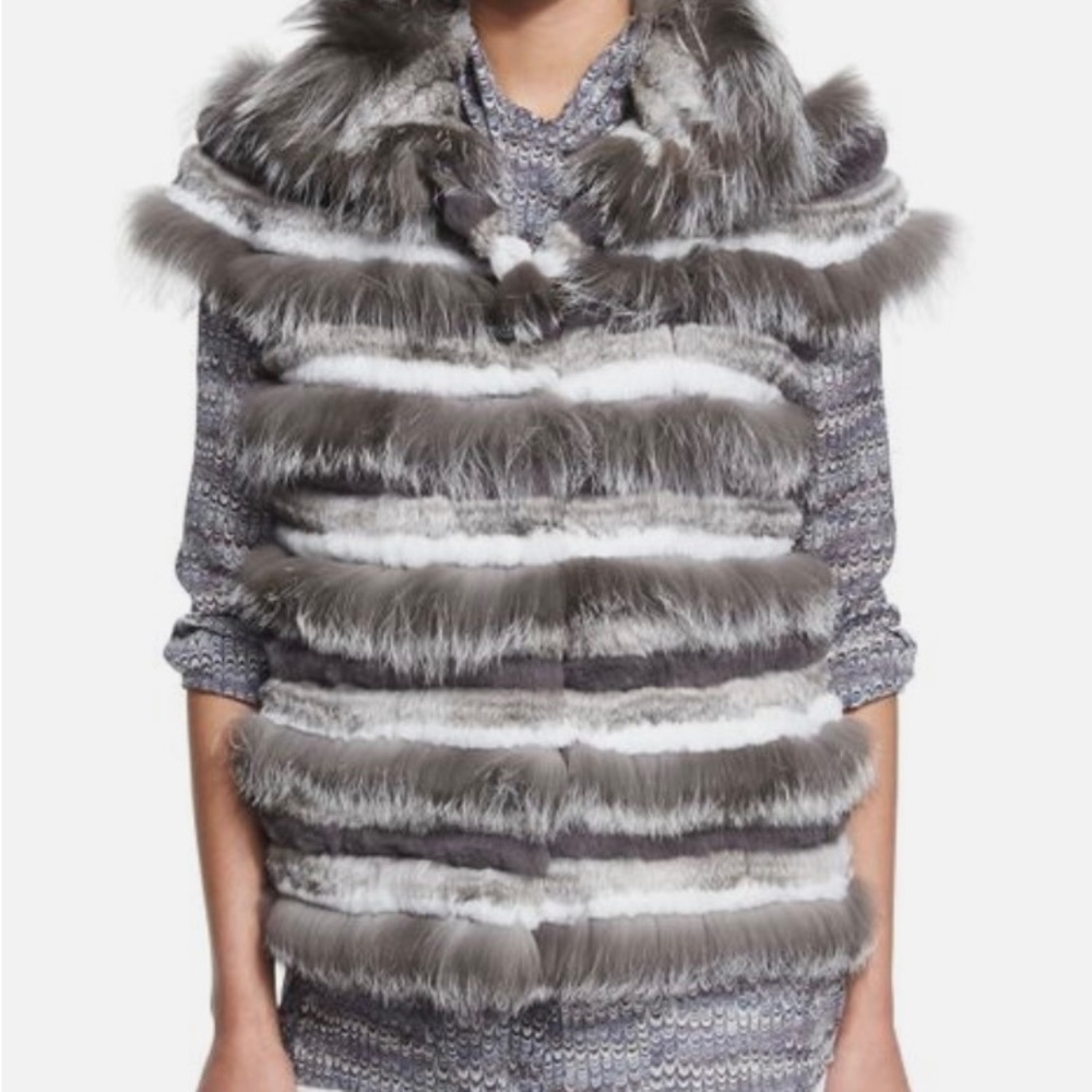 TORY BURCH Gray and White RABBIT FOX FUR VEST